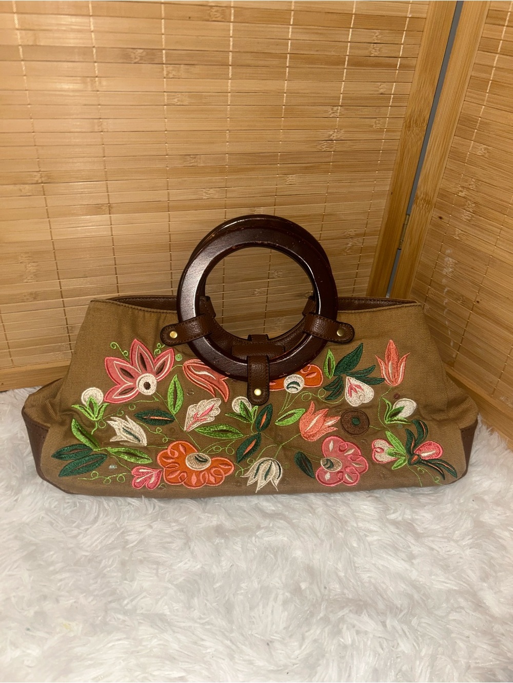 Relativity floral wooden handle handbag purse Y2K boho bag